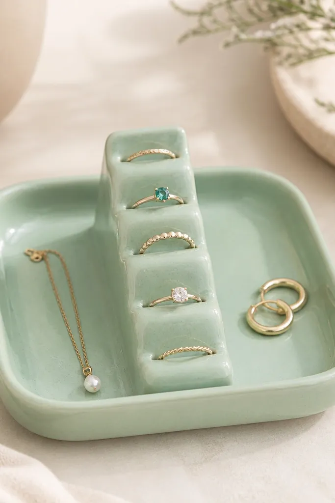 A mint-green clay organizer with a ladder-like structure in the center. Several small steps hold rings upright. The surface has a light glaze shine, and the edges are rounded.