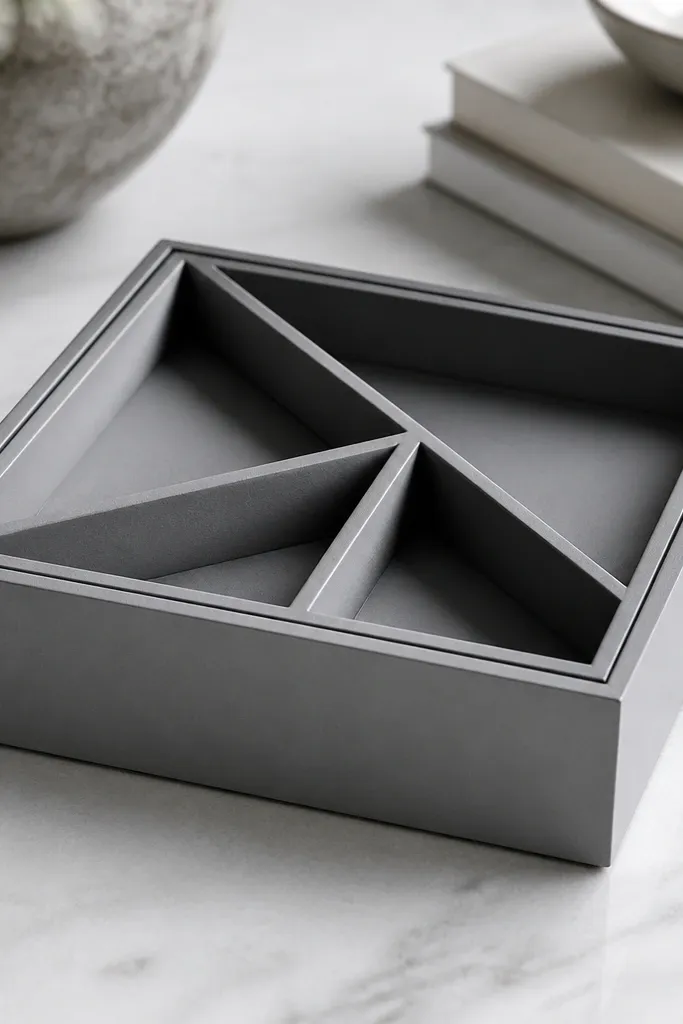 A monochrome gray organizer with crisp triangle dividers. The triangles are inset like a geometric puzzle, and the dividers cast small shadows. The top surface is matte, with a single thin black line around the perimeter.