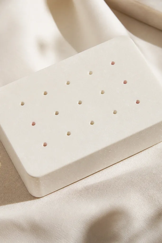 A cream-colored rectangular organizer with tiny pearl-like speckles across the surface. On top are 18 micro wells (smaller than peas) arranged in a grid for studs. A few wells have a soft blush tint.