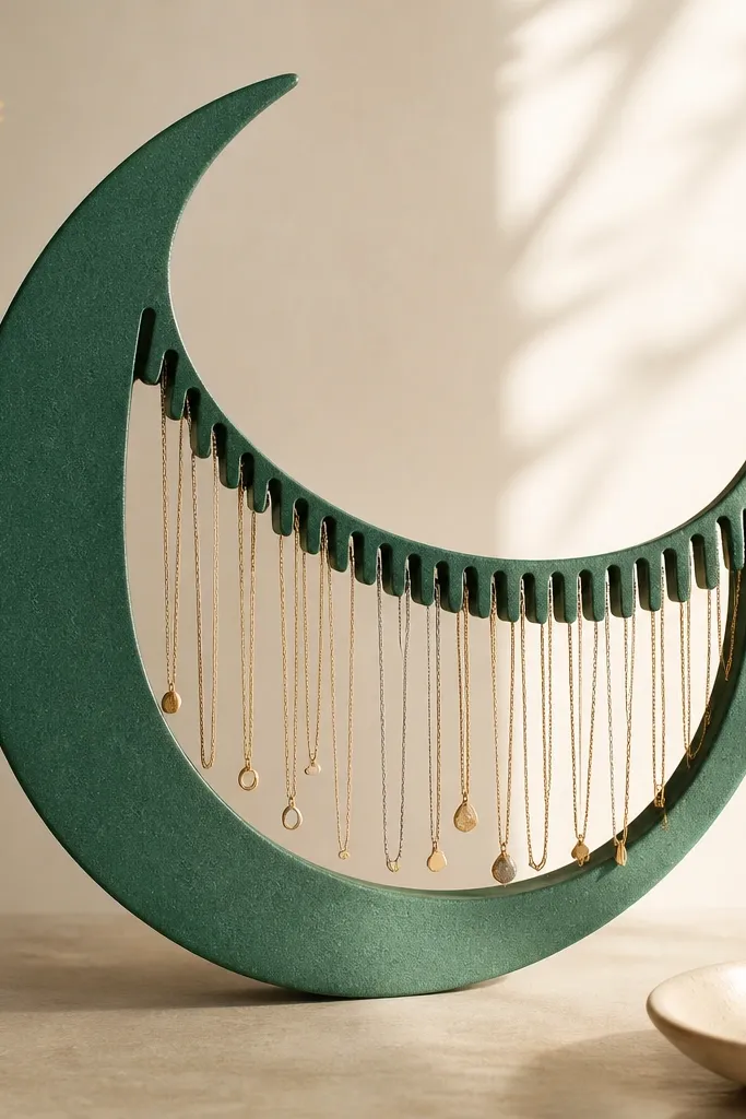 A large emerald green crescent-shaped clay organizer. Along the inner curve are 14 comb-like slots with rounded bottoms. Chains hang in different lengths across the slots, and the base has a subtle speckled texture.
