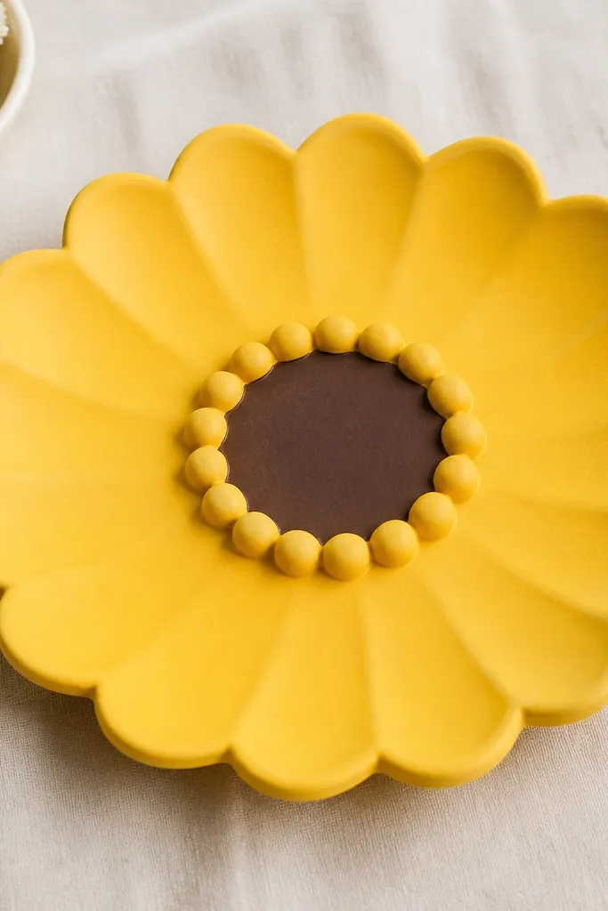 A bright yellow clay tray with raised bead-like bumps around a sunflower center. The sunflower has a small dark brown circle, and the bumps are arranged in a ring. The surface is matte with slightly darker yellow shading on the bumps.