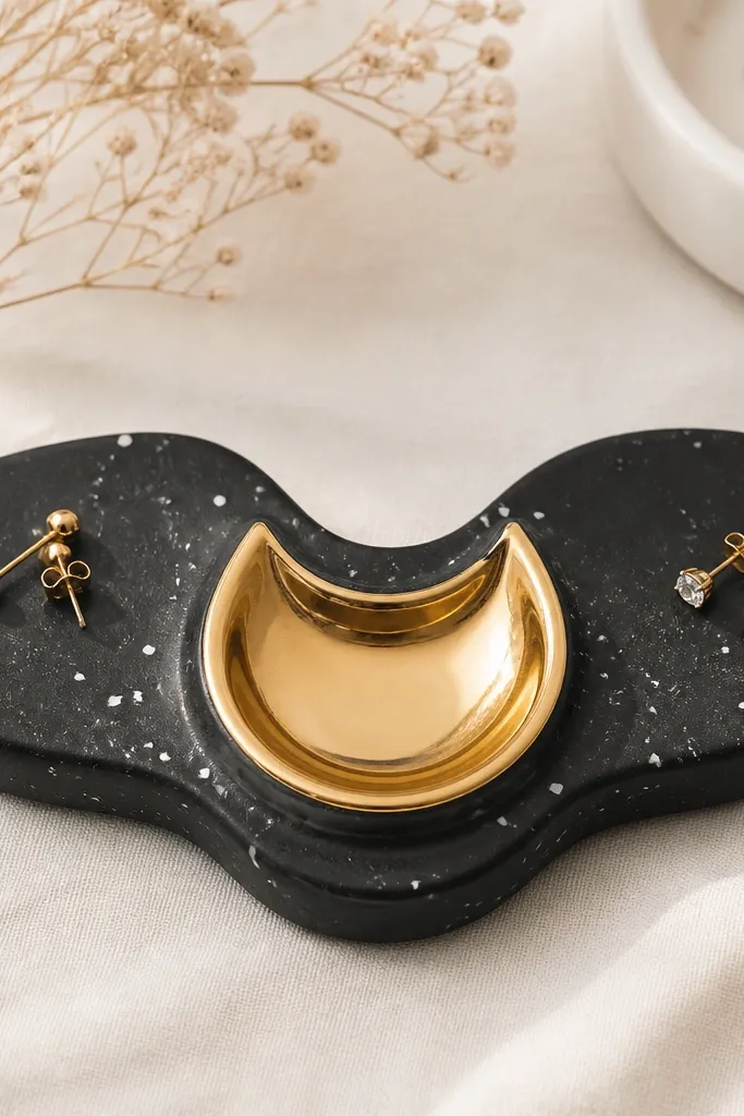 A black clay organizer with scattered white dot flecks, like marble specks. At the center is a gold crescent-shaped dish with a glossy finish. Two small side pads sit on either side for studs.