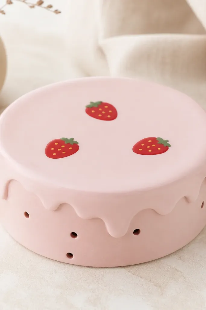 A pale pink clay organizer with a smooth top and a drip-like edge effect. On the surface are three small strawberry shapes painted red with tiny yellow seed dots. The sides have small circular holes for posts.