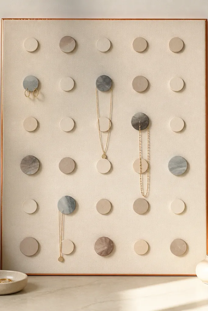 A beige and taupe organizer board with small neutral circles raised across the surface. The border edges are wrapped with thin copper foil strips. Several circular holds are painted with soft gray and taupe gradients.