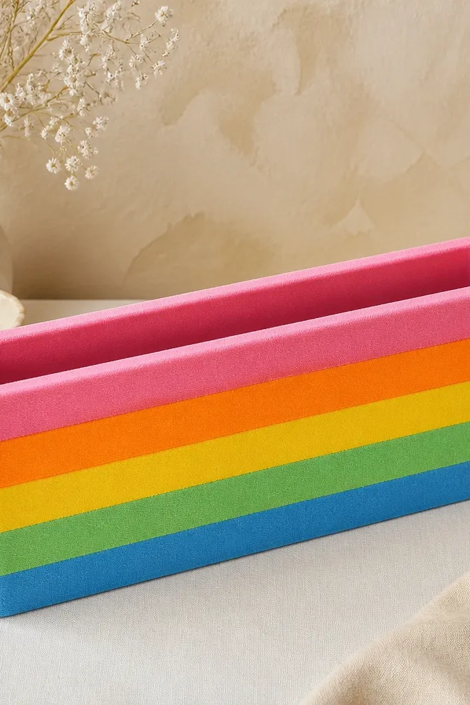 A rainbow-striped clay organizer with horizontal color bands: pink, orange, yellow, green, blue. Across the top runs a long channel. Inside the channel is a slightly darker clay track, smooth and rounded, meant for bangles.