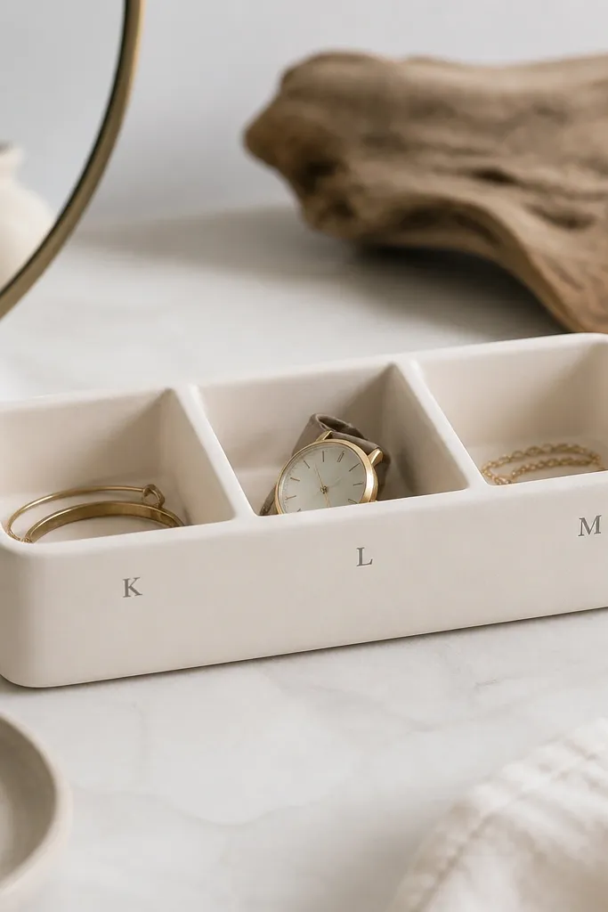 An ivory clay organizer with three dividers. Each divider has a tiny carved initial cut into the clay, filled with a darker gray paint. The surface is matte and smooth, with rounded corners.