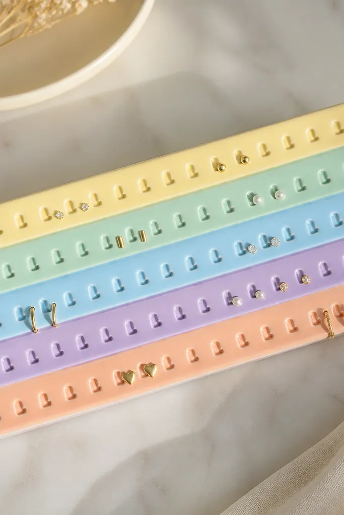 A long rectangular clay organizer with five horizontal color strips: pastel yellow, mint, sky blue, lavender, and peach. Each strip has a line of tiny U-shaped slots for earrings. The surface is glossy and smooth.