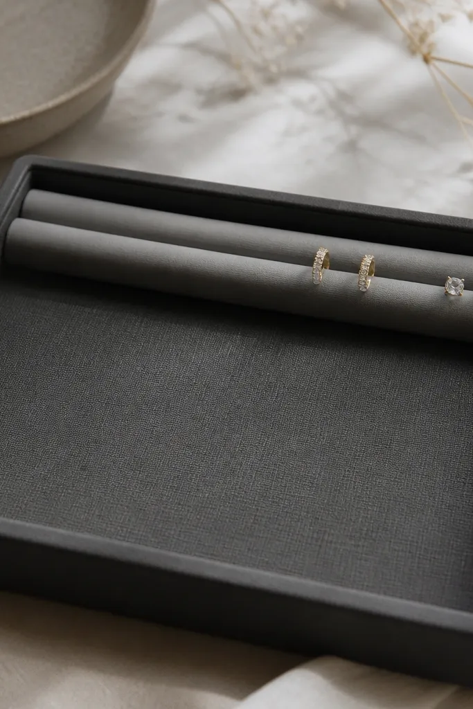 A charcoal-gray clay tray with a subtle linen texture across the surface. Two raised rails run along the top edge for earrings. The rails are smooth and slightly lighter gray than the base.