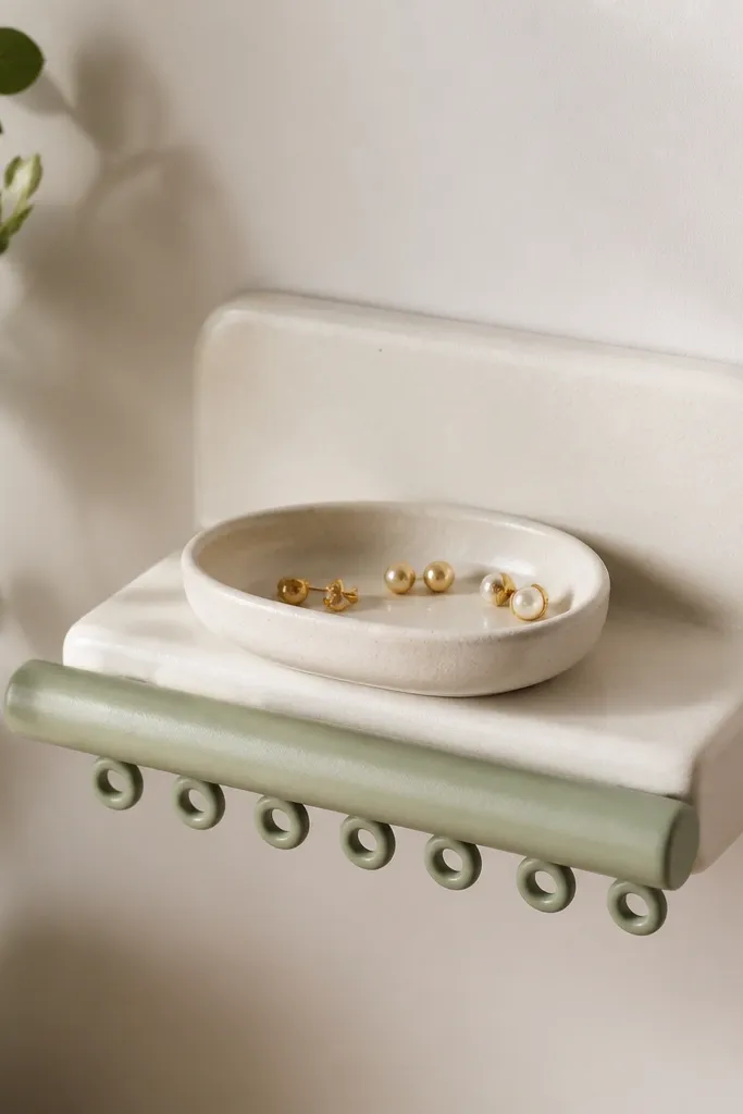 A small wall-mounted clay shelf with a flat base and a vertical hanging bar in front. The shelf holds a tray for studs, and the hanging bar has evenly spaced circular loops. The wall shelf is painted off-white with a soft sage bar.