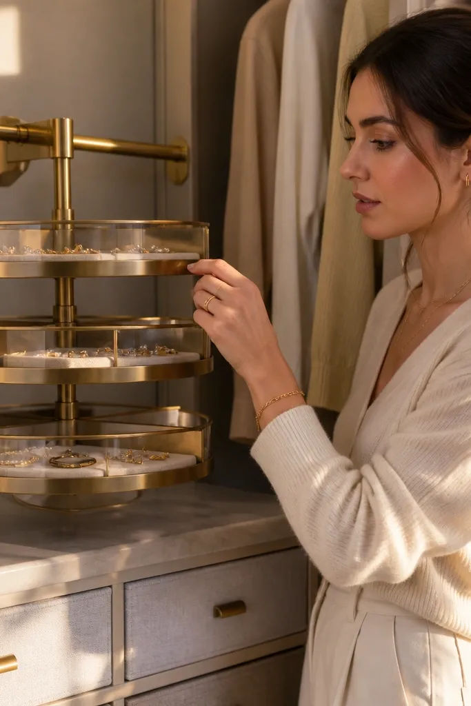 A rotating tray with gold-toned jewelry on a shelf.