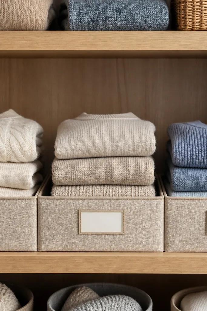 Folded shirts inside fabric drawer inserts with neat labels on the front.