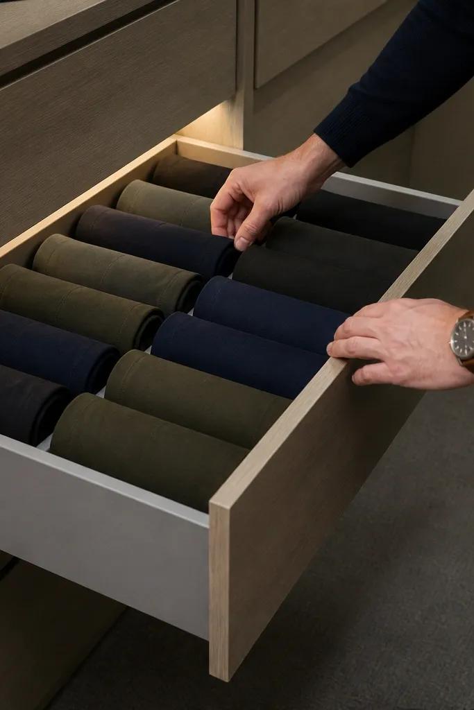 A drawer with rolled pants separated by soft dividers and aligned labels.