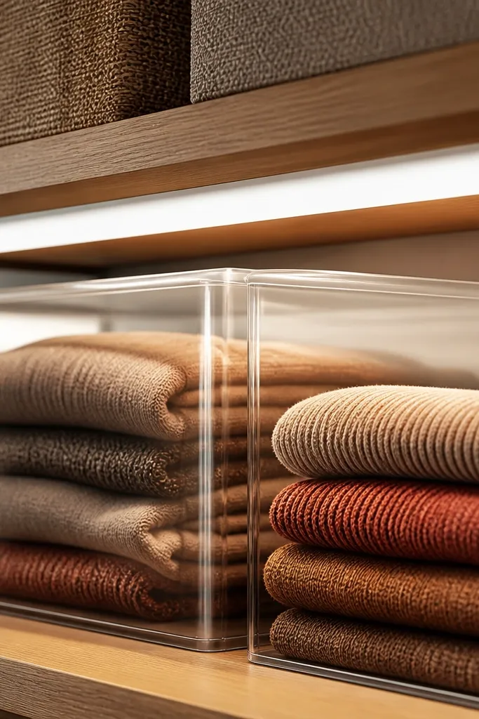 Warm light strips under shelves making bins and clothes look clean.
