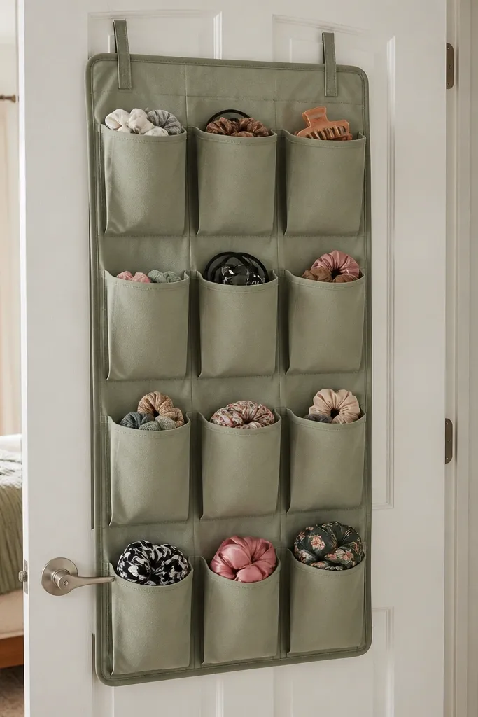 Fabric pocket organizer on a closet door with neat, matching pockets.