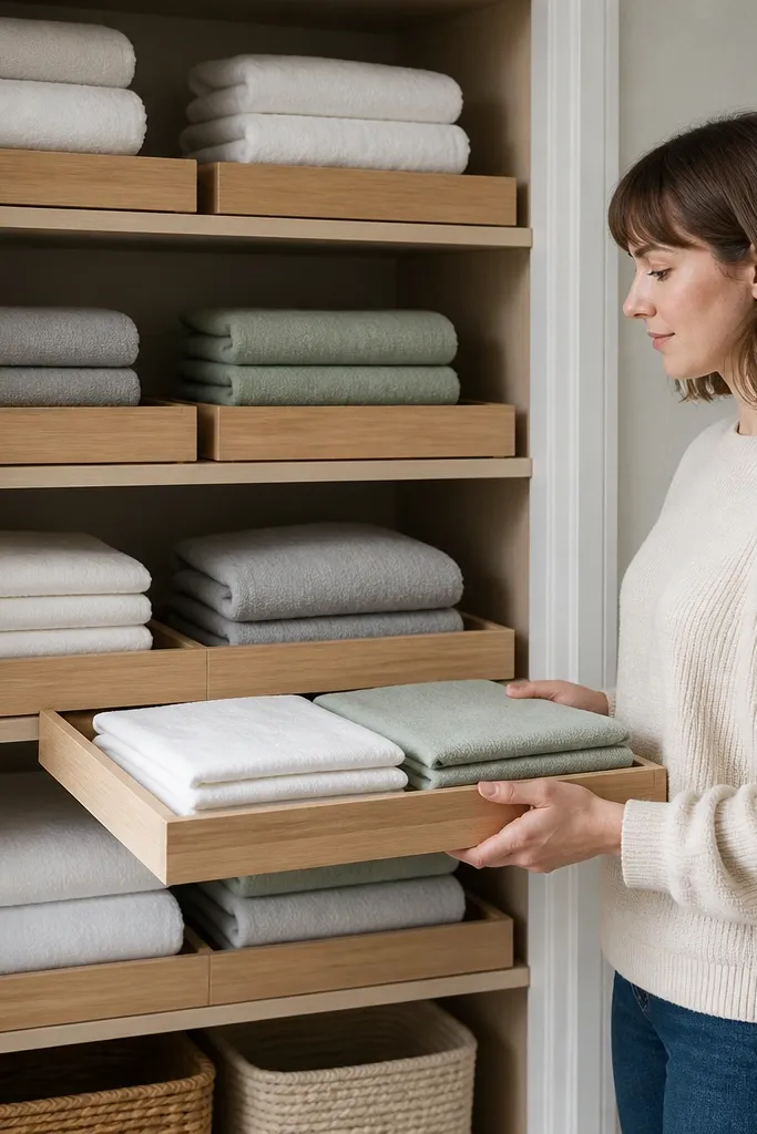 Stacked linen folded inside uniform trays on shelves.
