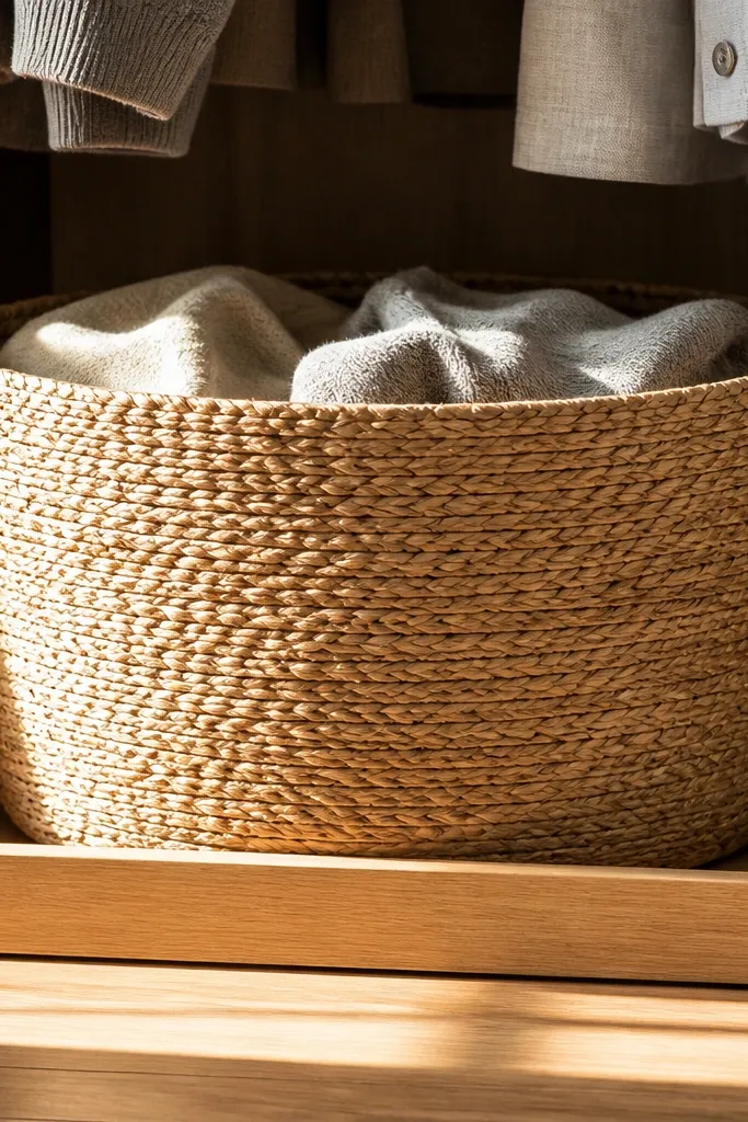 Woven baskets sitting on a matching tray on the closet floor.