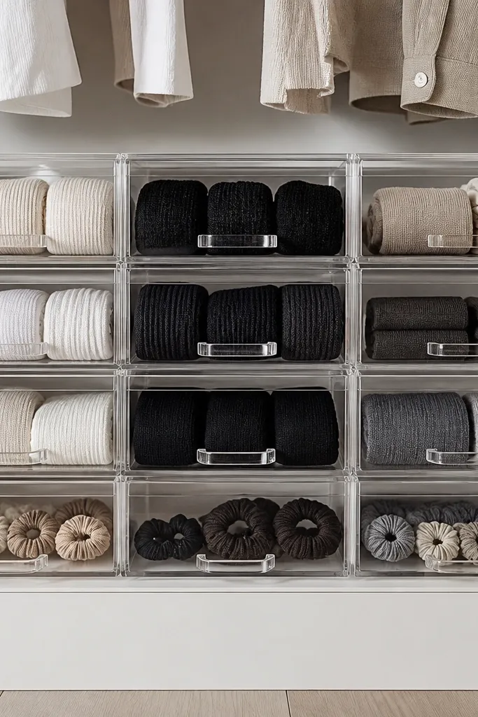 A clear-front drawer with neatly arranged accessories inside.