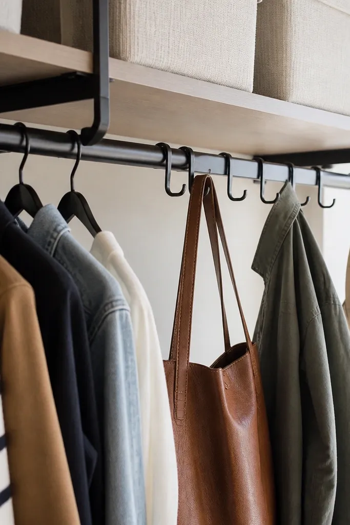 Matte black closet rods and hooks with neatly hung clothes.