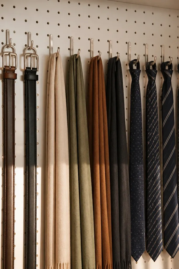 Pegboard with evenly spaced hooks holding belts and scarves in rows.