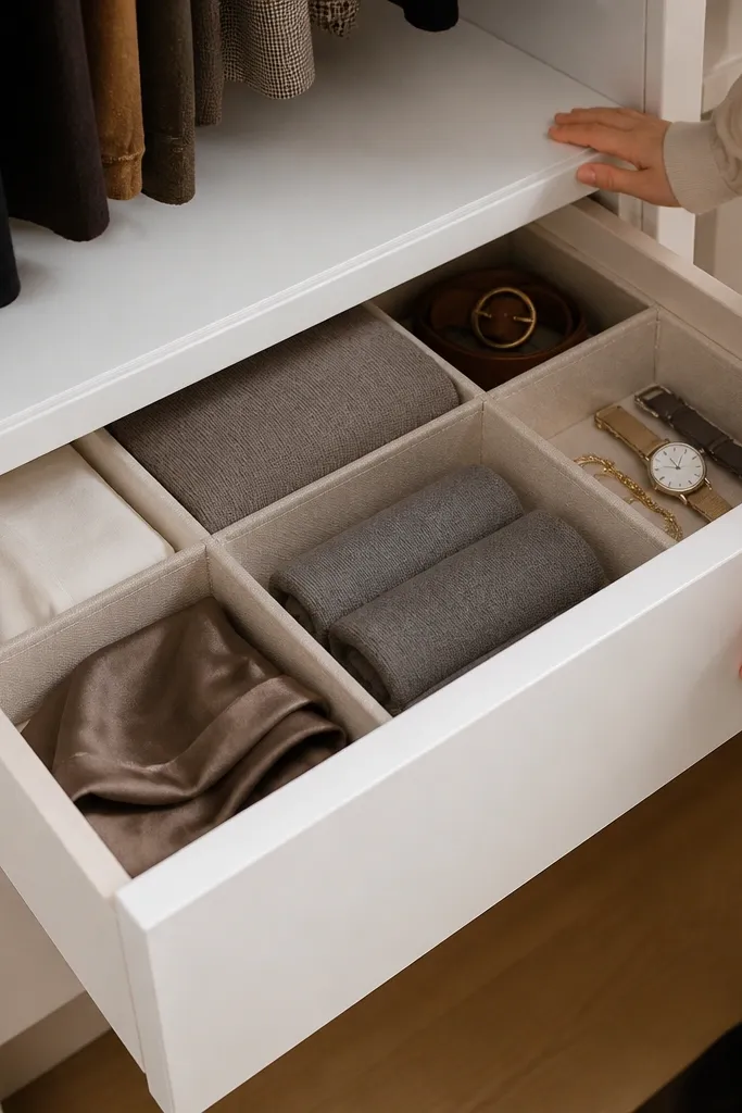 Drawers with fabric-wrapped liners and clean drawer labels.