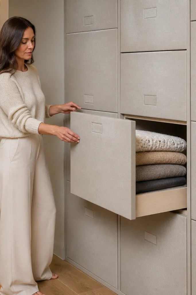 Pull-out bins for seasonal clothes with neat labels and closed fronts.