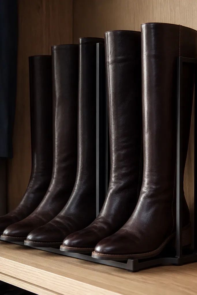 Boots standing upright with consistent spacing and aligned shafts.