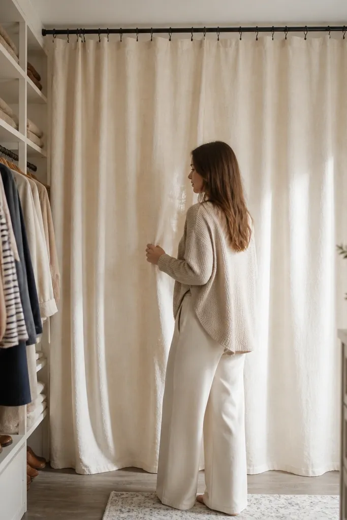 A closet divider with a soft curtain hiding storage behind the hanging area.