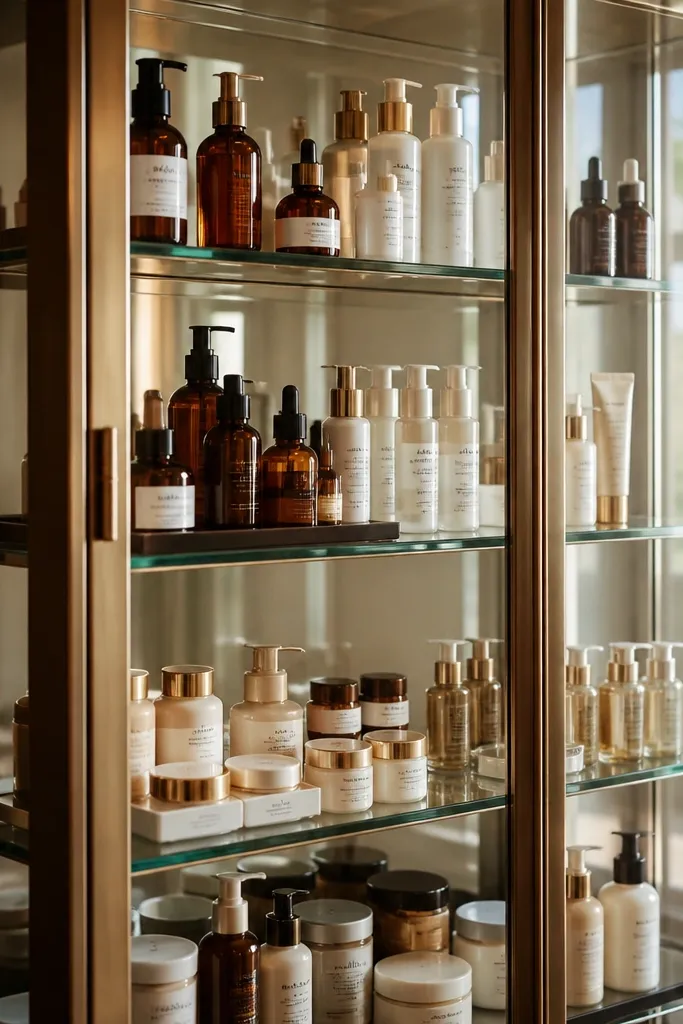 A small glass-front cabinet with neatly grouped bottles and labels.