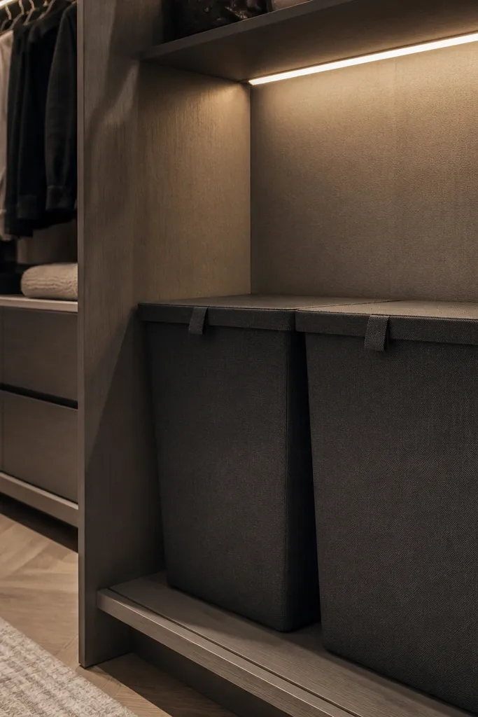Two matching hampers with lids in a clean closet corner.