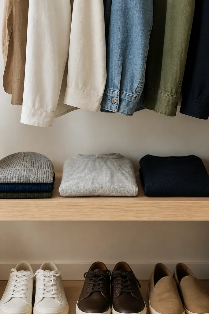 A slim shelf under a hanging rod holding neatly folded layers.