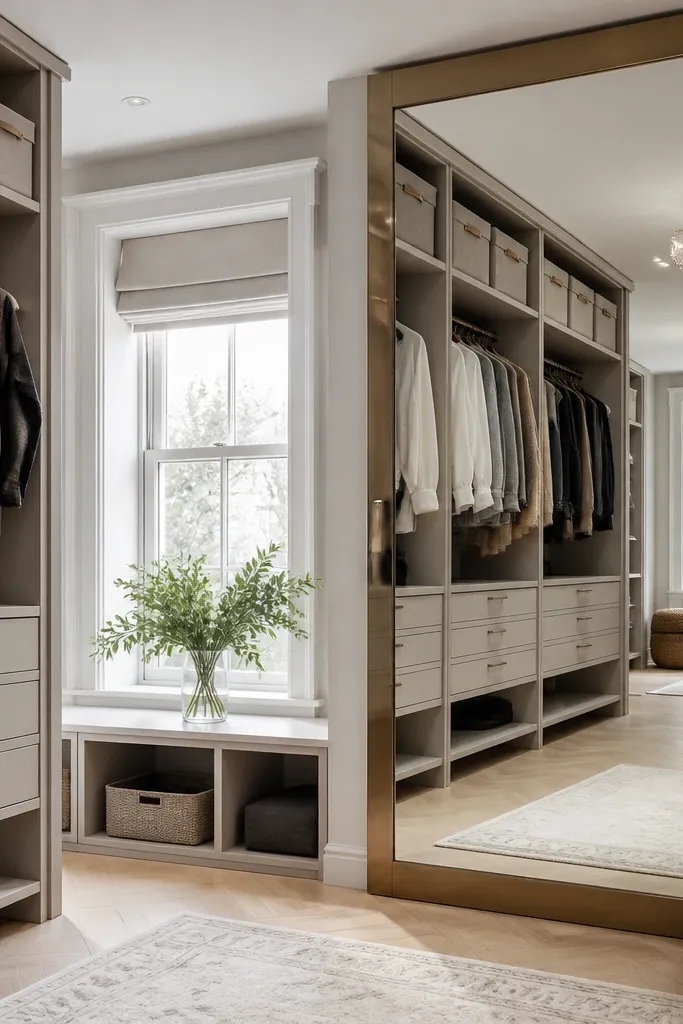 A mirrored panel on a closet wall reflecting organized shelves and hanging clothes.