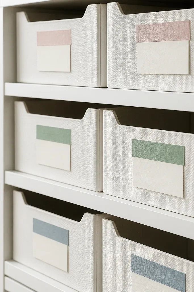 Color-banded labels on closet bins with matching tape accents.