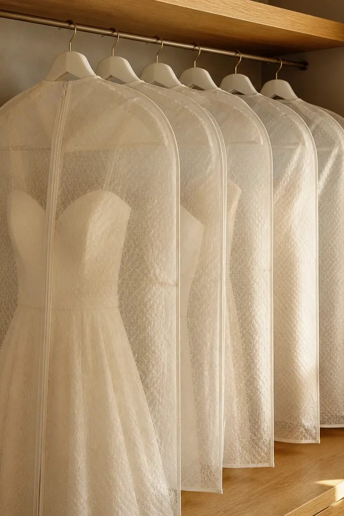 Cloth garment bags hanging neatly on a dedicated rod with matching hangers.