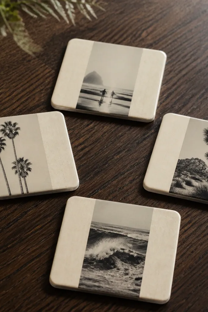 A set of four square coasters on a dark walnut table. Each has a printed black-and-cream photo strip centered, sealed with a glossy clear coat, with a soft grey felt square glued to the back edges.