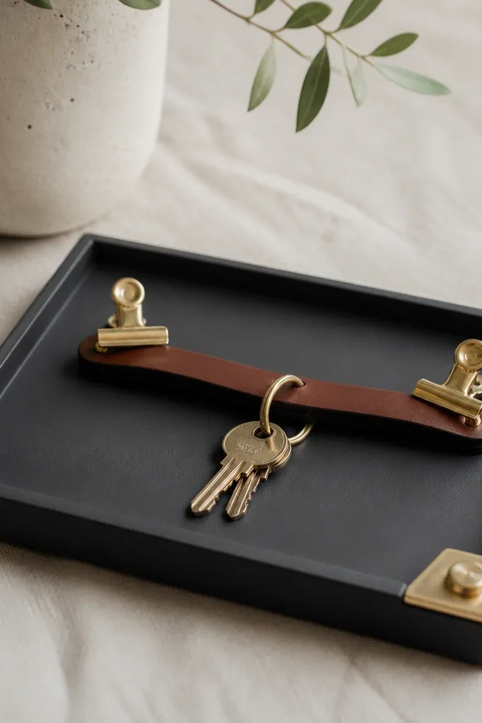 A small rectangular tray painted matte charcoal with a raised lip. Two brass binder clips are mounted at angles, holding a thin strip of leather for keys, with a small brass catch plate on the corner.