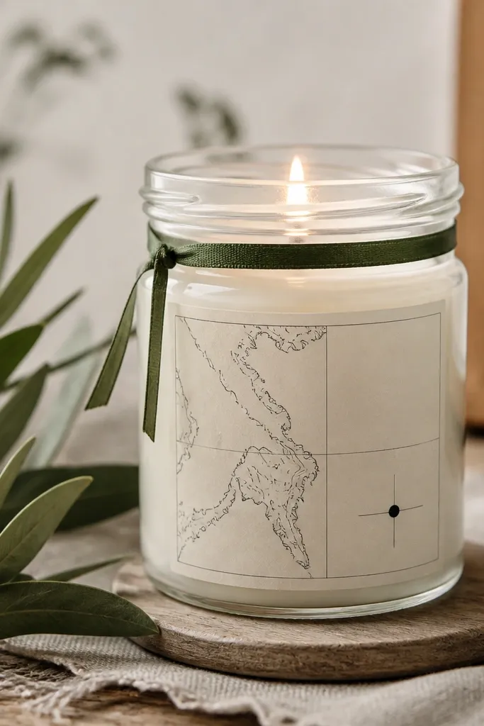 A clear glass jar candle with a cream label. The label has a simple line map and coordinates in black ink, and the jar has a thin ribbon of dark green around the neck.