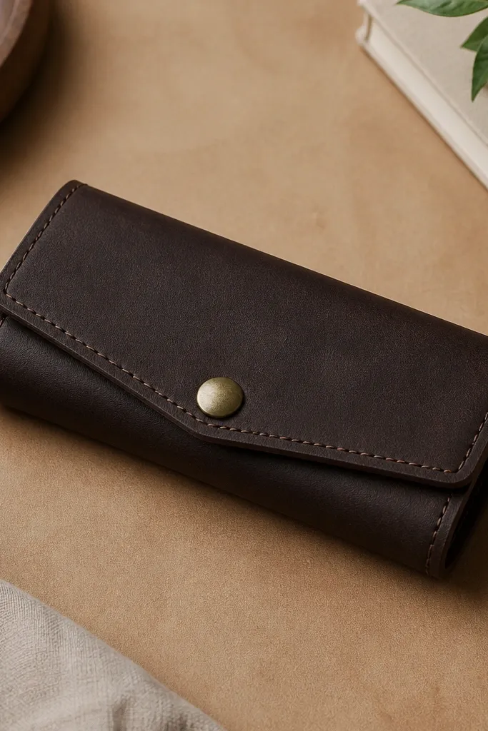 A folded watch wrap made from dark brown leather-look fabric. It has a stitched edge, a snap button at the front, and a small elastic loop inside for the watch band, laid flat on a tan desk.