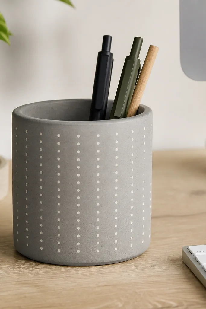 A chunky desk organizer cup with a cement grey finish. The sides have tiny evenly spaced cream dots in a vertical line pattern, and it sits next to a keyboard on a light wood desk.
