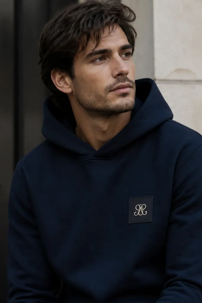 A dark navy hoodie with a small rectangular patch on the chest. The patch has a neat monogram in light cream thread, and the fabric edges are cleanly stitched with straight lines.
