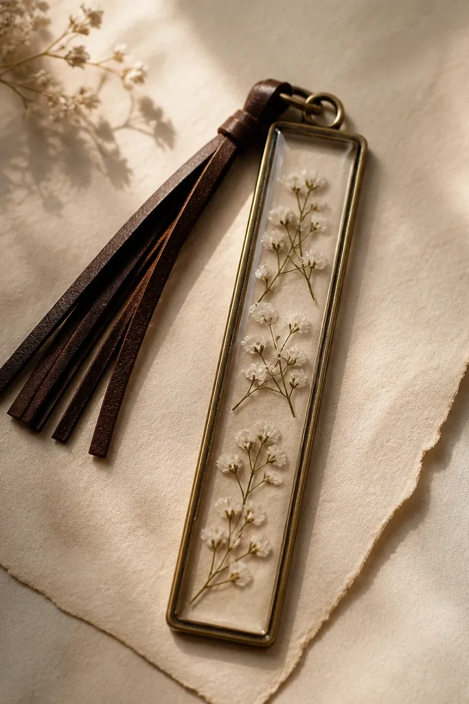 A slim bookmark with a clear resin window showing pressed small white flowers. The top has a dark brown leather tassel tied through a metal ring, and the background looks like warm paper.