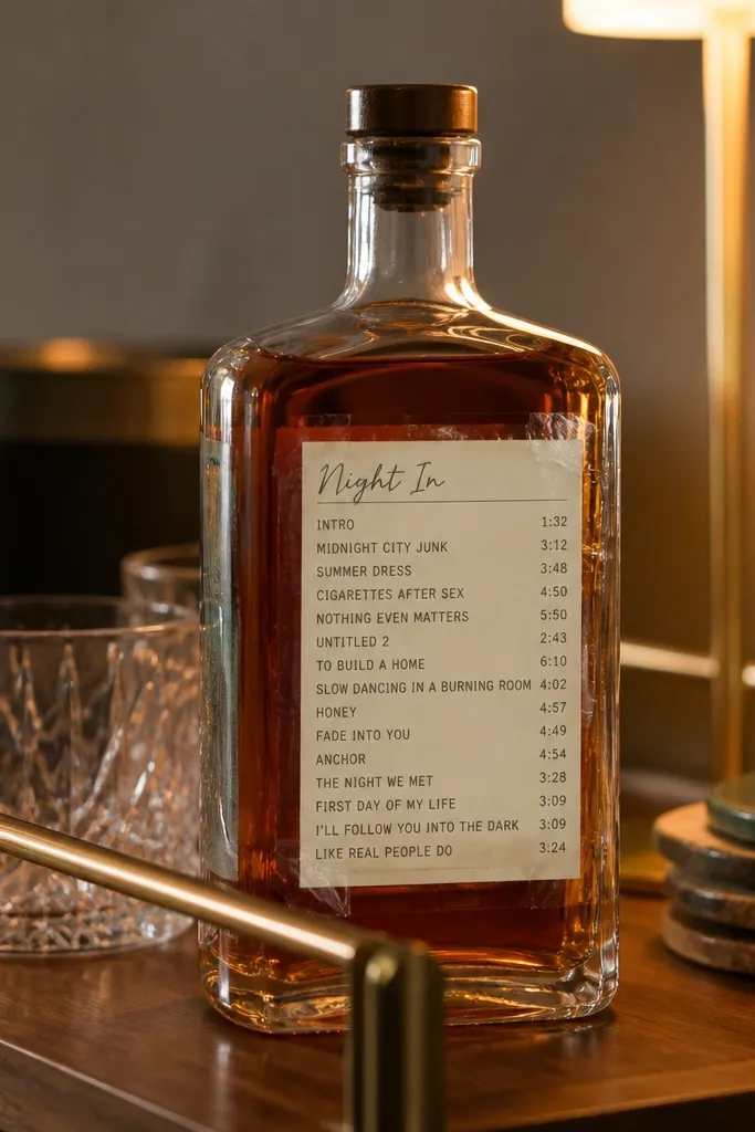 A dark glass bottle on a table with a cream label that looks like a simplified tracklist. The label has a handwritten-style title and time stamps, and the bottle has a black ribbon tied around the neck.