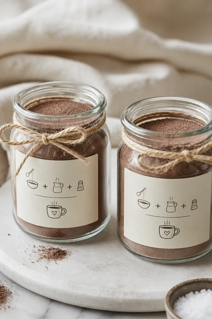 Two small glass jars with caramel-colored cocoa mix. Each jar has a minimal cream label with a handwritten-style recipe and a small salt icon, plus a tan twine bow.