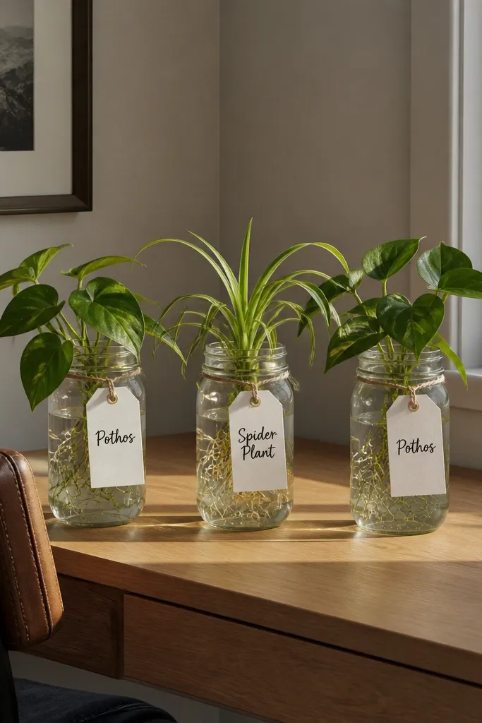 Three mason jars lined up on a windowsill, each with a different small cutting and a simple cream tag. The jars have dark green painter tape bands near the top for alignment.