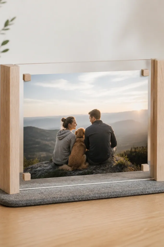 A tabletop photo frame with a clear acrylic front and two light wood side rails. The photo appears to float slightly, held by small corner blocks, and the frame sits on a grey felt pad.