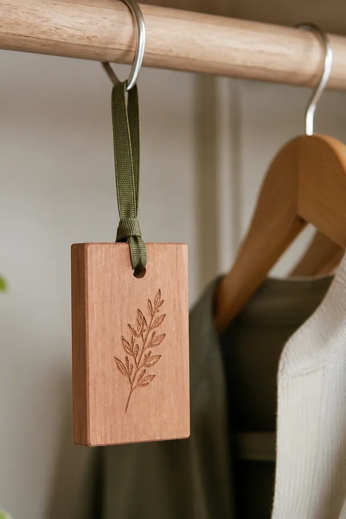 A small cedarwood block hanger freshener. It has a smooth sanded surface, a stamped design, and a ribbon loop threaded through a punched hole, shown hanging from a closet rod.