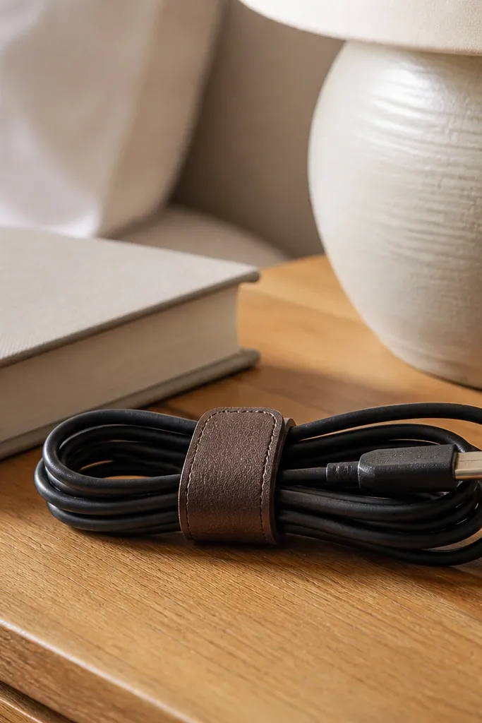 A coiled charging cable wrapped with a dark brown leather strip. The leather strip has a clean cut edge, and a small Velcro tab keeps it closed, shown on a beige desk mat.