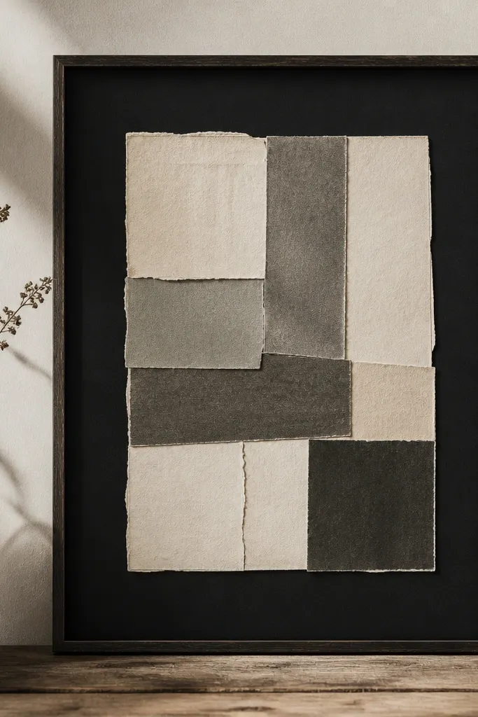 A framed monochrome print made from torn old book pages. The pages form a simple geometric block design in cream and grey tones, with a black mat inside the frame.