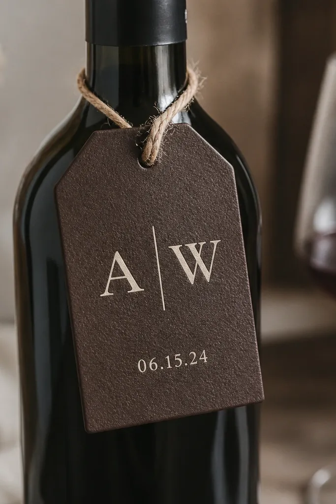 A dark brown leatherette tag attached to a wine bottle with a twine loop. The tag has a clean stamped monogram and a small date printed in cream ink.