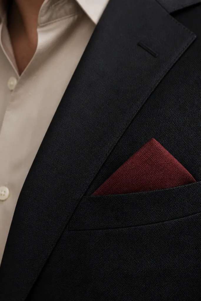 A folded oxblood pocket square made from cotton fabric with subtle texture. It sits in a blazer breast pocket, showing a clean triangle fold.