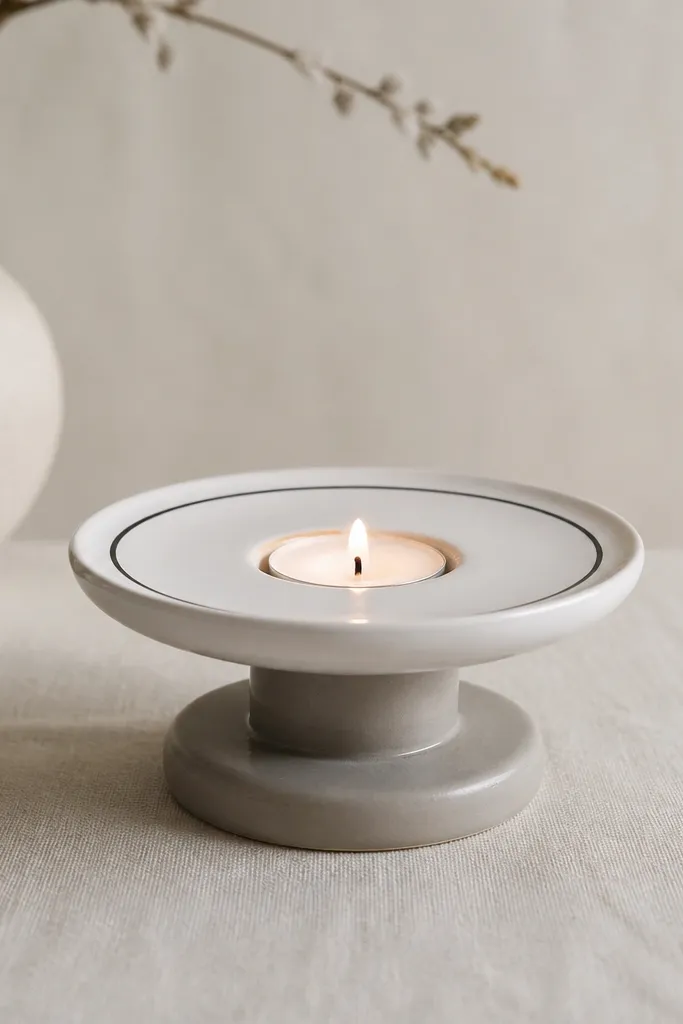 A small candle stand built from a stacked ceramic plate. The top plate is white with a thin black ring, and the base plate is painted warm grey, creating a two-tone look.